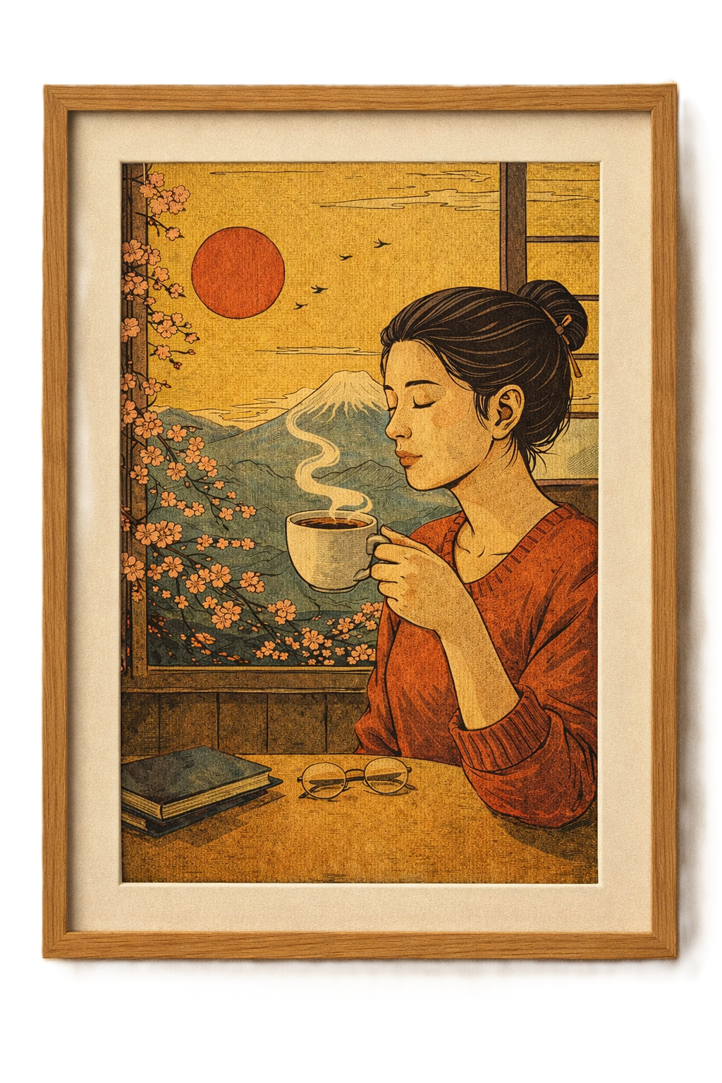Warm Japanese-inspired illustration with coffee and mountains